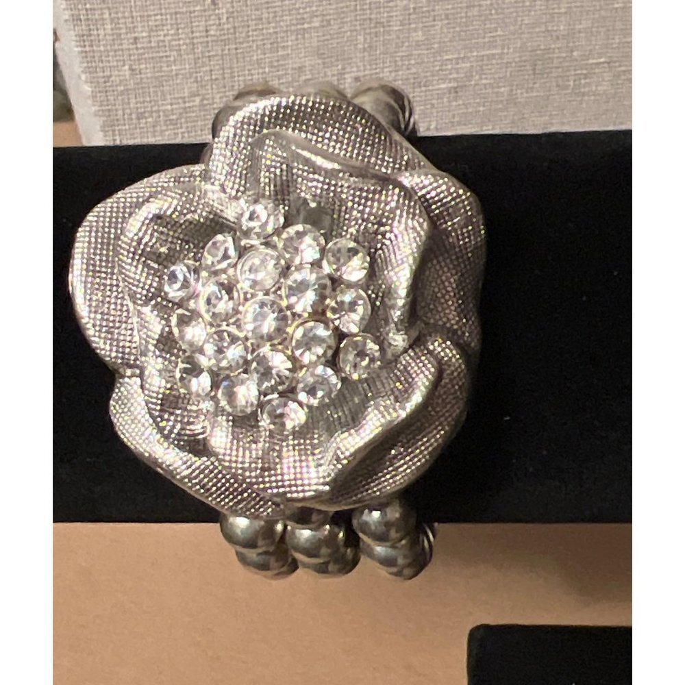 Designer Metal Statement and Rhinestone Stretch Bracelet -- 7.5"